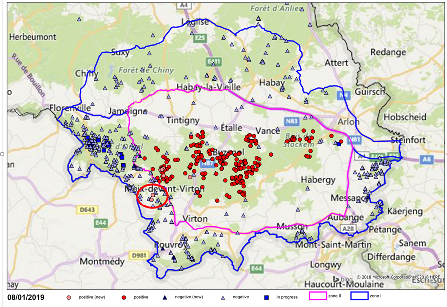 Figure 1. Localisation des prélèvements (négatifs en bleu et positifs en rouge pour la PPA)