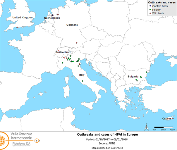 Figure 1. Map of HPAI H5 outbreaks and cases notified in Europe