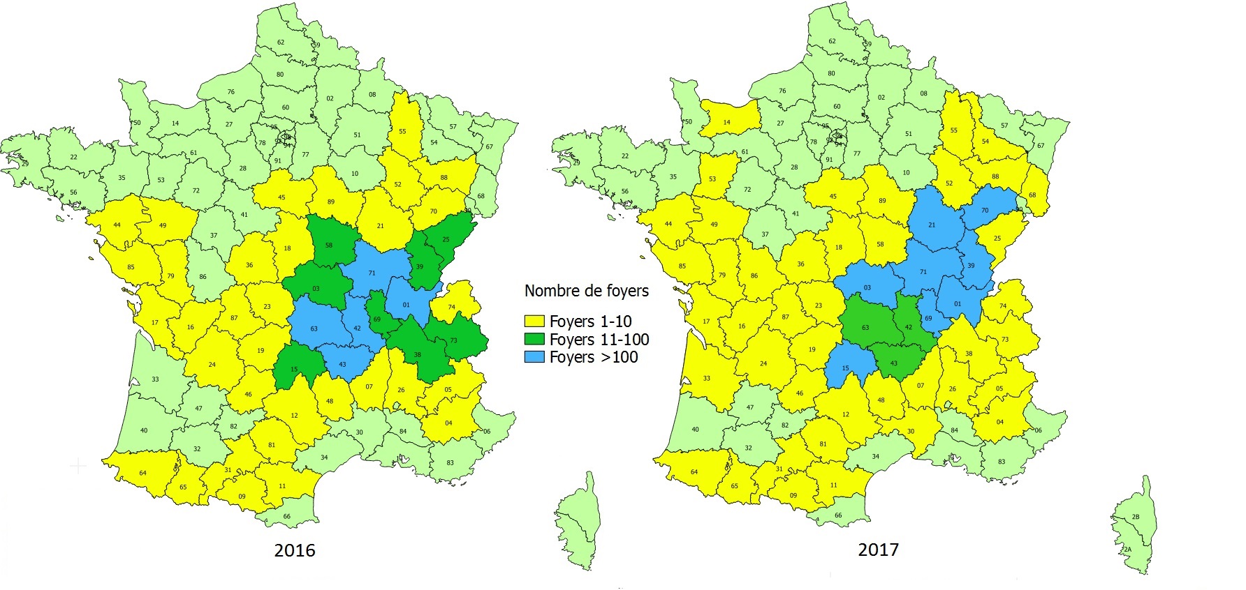 Nombre de foyers détectés par département