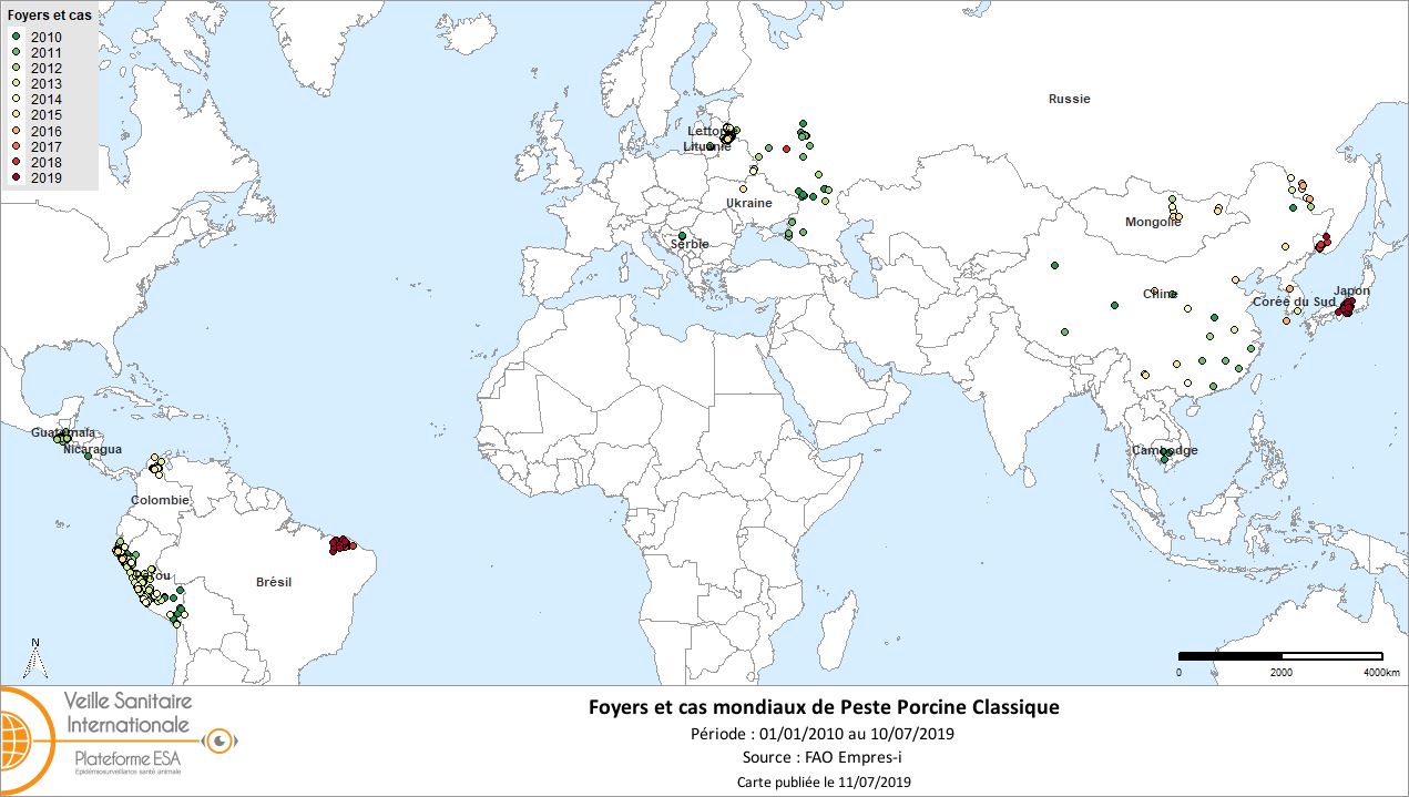 Figure 1. Foyers et cas de peste porcine classique déclarés dans le monde du 01/01/2010 au 10/07/2019 