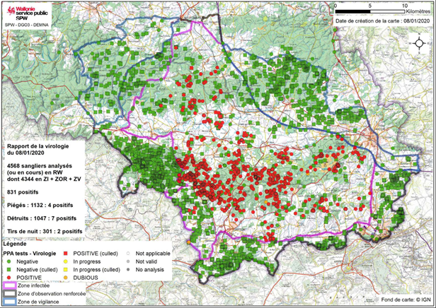 Figure 1.  Localisation des sangliers prélevés depuis le 13/09/2019 en Belgique