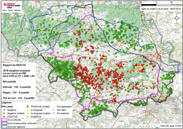 Figure 1. Localisation des sangliers prélevés en Belgique du 13/09/2018 au 08/07/2019