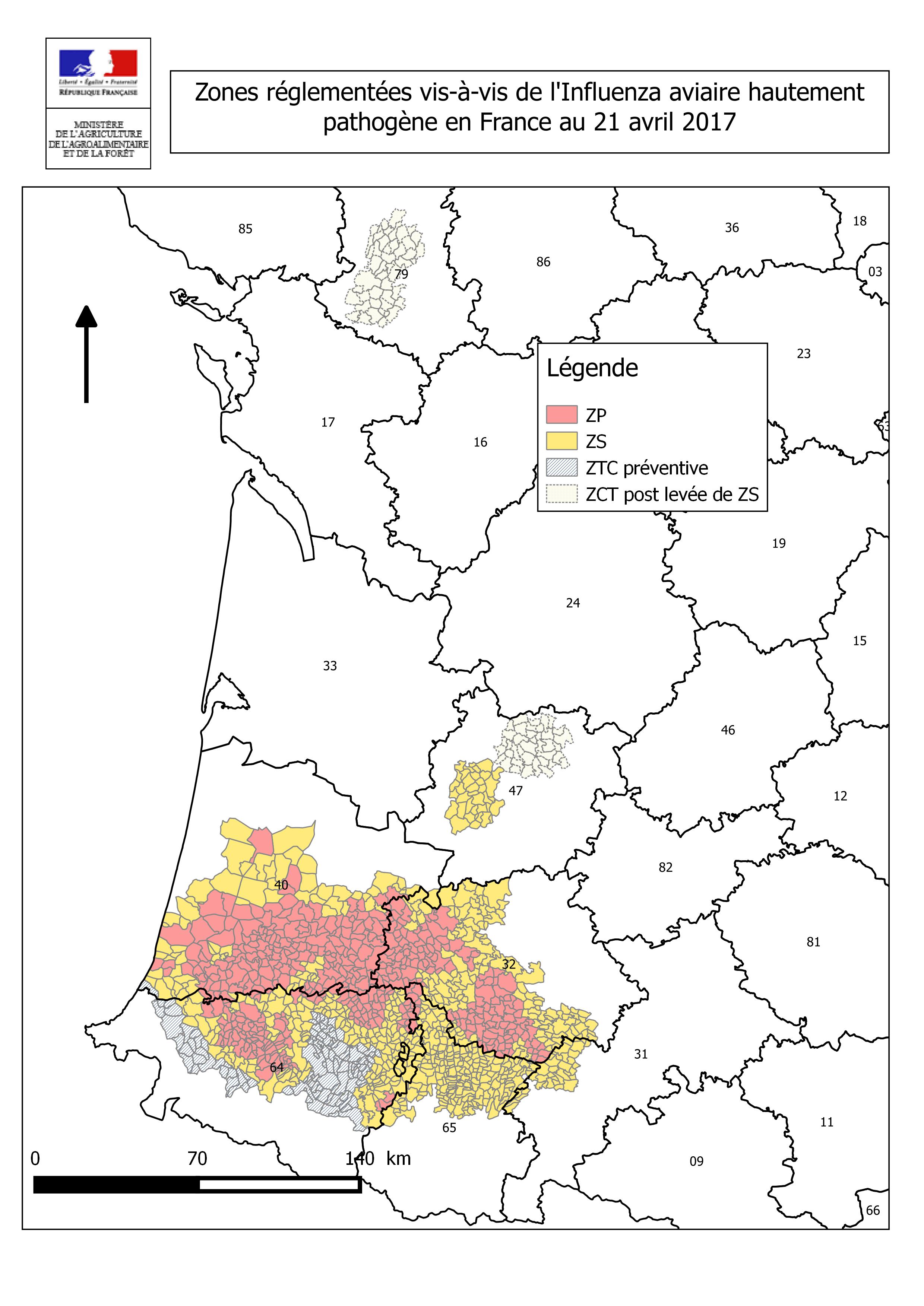 Figure 1 Zones réglementées vis à vis de l'IAHP en France au 21 avril 2017