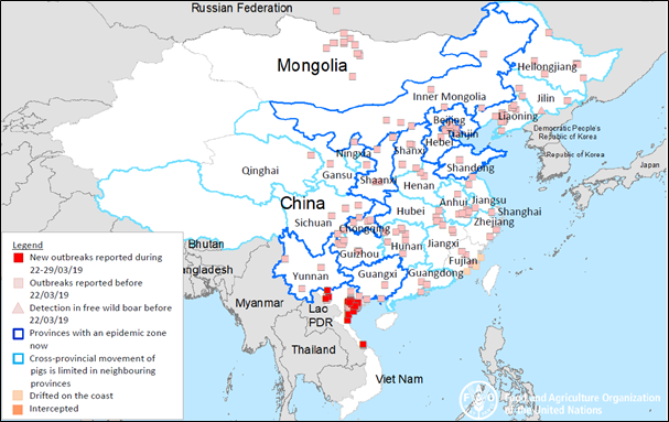 Figure 2. Localisation des foyers de PPA en Asie