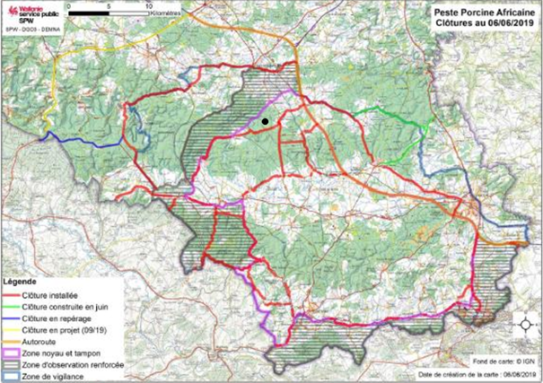 Figure 2. Limite des clôtures et du zonage dans le cadre de la PPA en Belgique au 06/06/2019