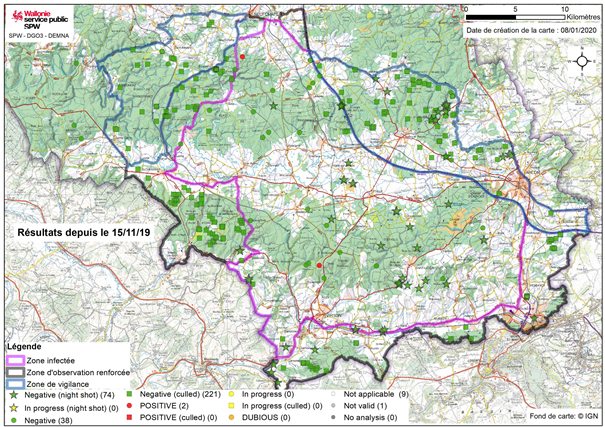 Figure 2.  Localisation des sangliers prélevés depuis le 15/11/2019 en Belgique