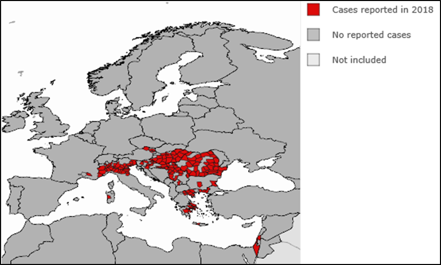 Figure 3. Cas humains de fièvre West Nile rapportés par l’ECDC