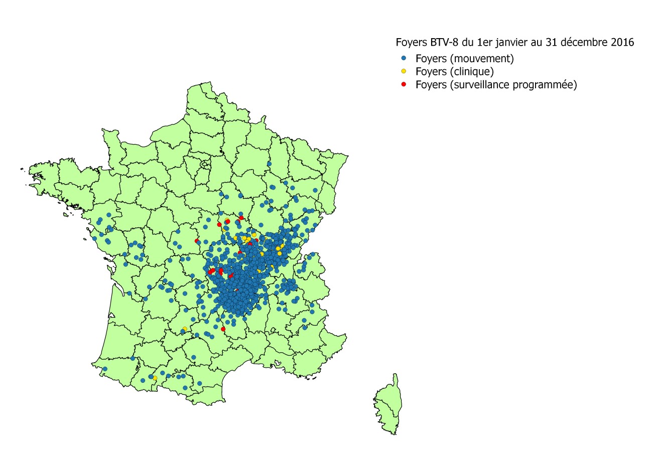 Localisation des foyers détectés par les différentes modalités de surveillance en 2016