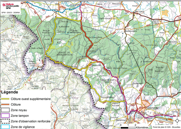 Figure 3. Projet de tracé d'une clôture supplémentaire à l’Ouest afin de lutter contre la progression de la PPA en Belgique