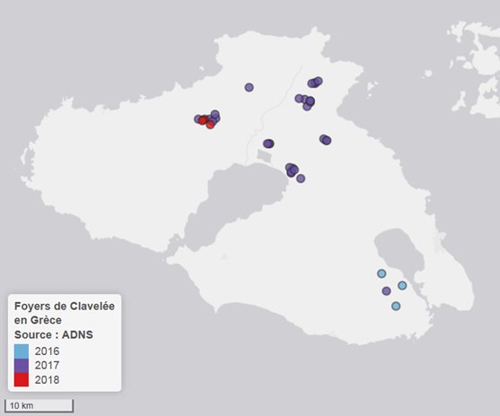 Figure 3: Foyers de clavelée sur l'île de Lesbos en 2016