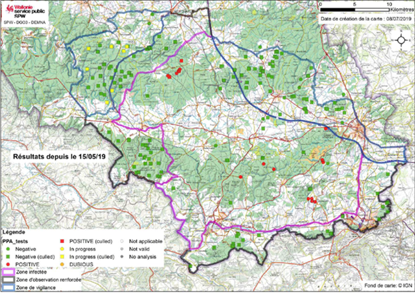 Figure 3. Localisation des sangliers prélevés en Belgique entre le 15/05/2019