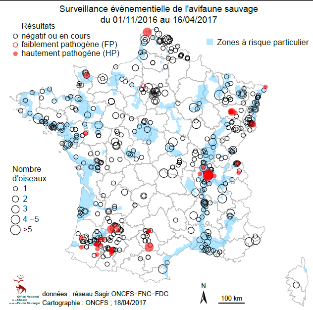 Figure 3 Répartition géographique des oiseaux sauvages ou issus de l'avifaune captive collectés au niveau national