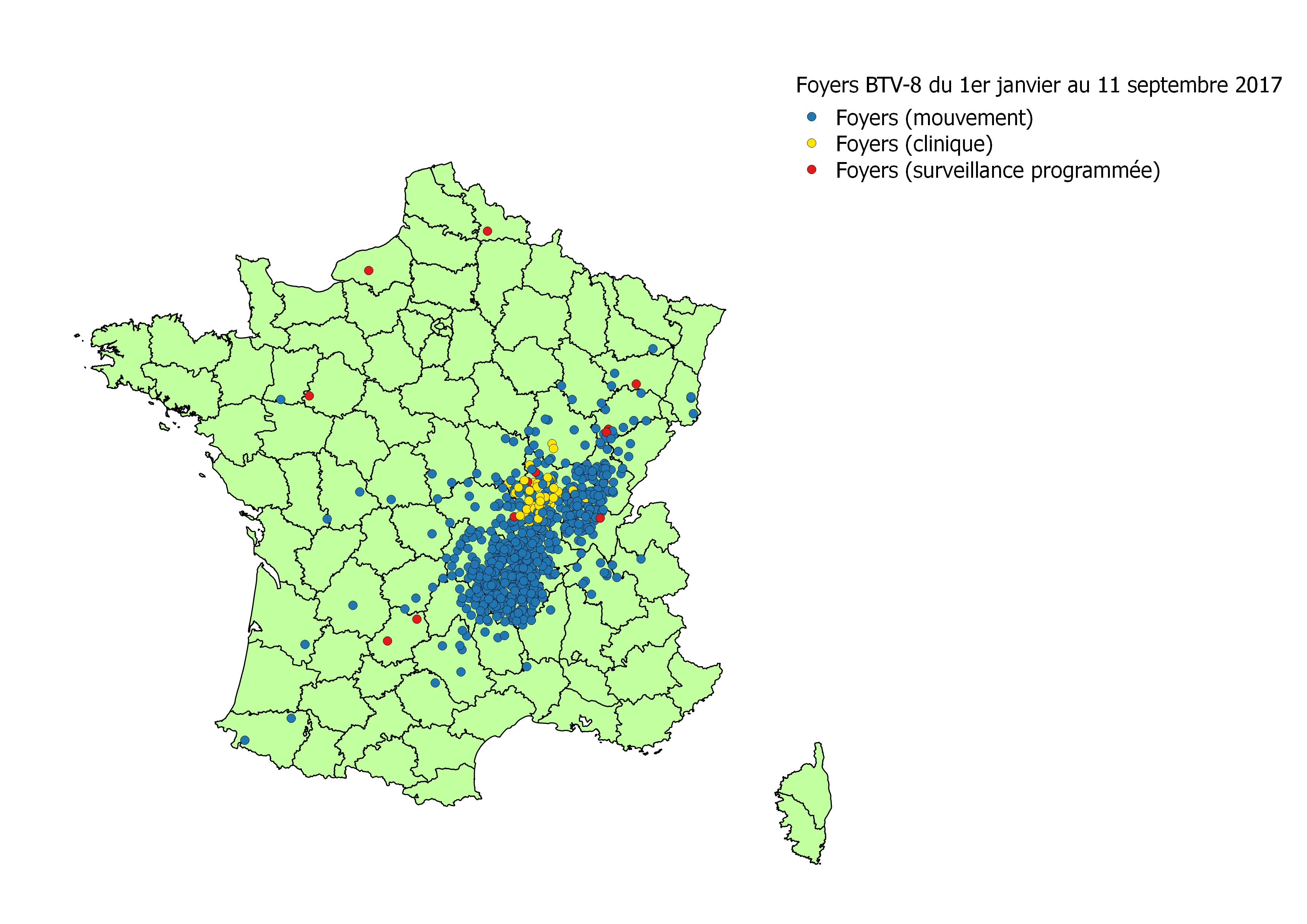 Localisation des foyers détectés par les différentes modalités de surveillance en 2017