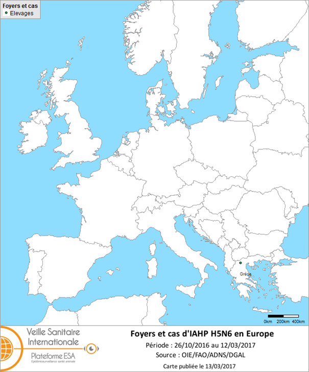Carte des foyers et de cas d’IAHP H5N6 déclarés dans l’UE