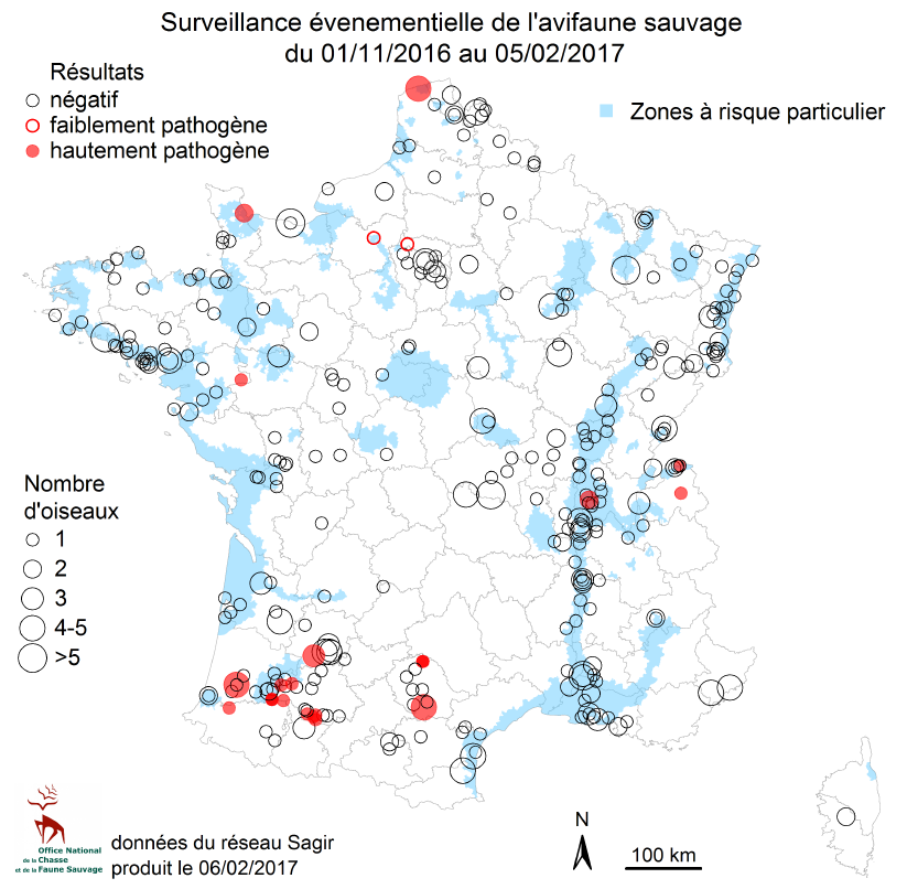 Répartition géographique des oiseaux sauvages collectés au niveau national