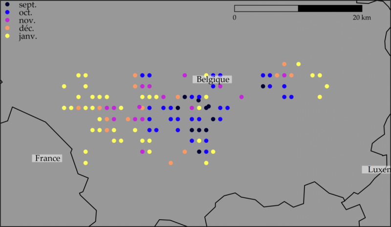 Figure 1. Localisation des cas de PPA dans le Sud de la Belgique