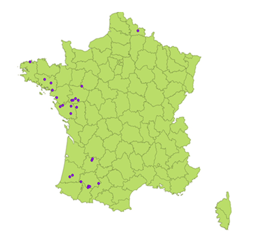 Figure 1. Répartition des foyers d’IAFP en France confirmés par le LNR 