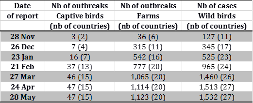 Evolution of number of outbreaks and cases of HPAI viruses