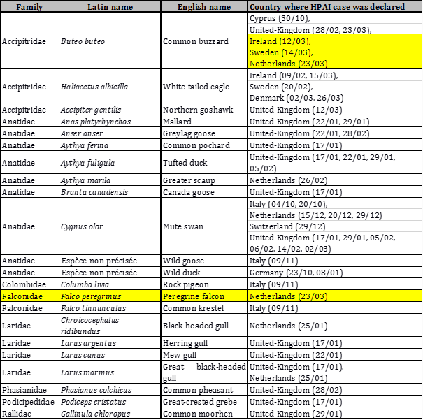 Table 2: List of wild bird species affected by HPAI in Europe