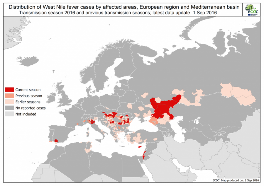 Figure 2 Distribution des cas humains de fièvre West Nile (FWN) en 2016 et lors des saisons de transmission précédentes 