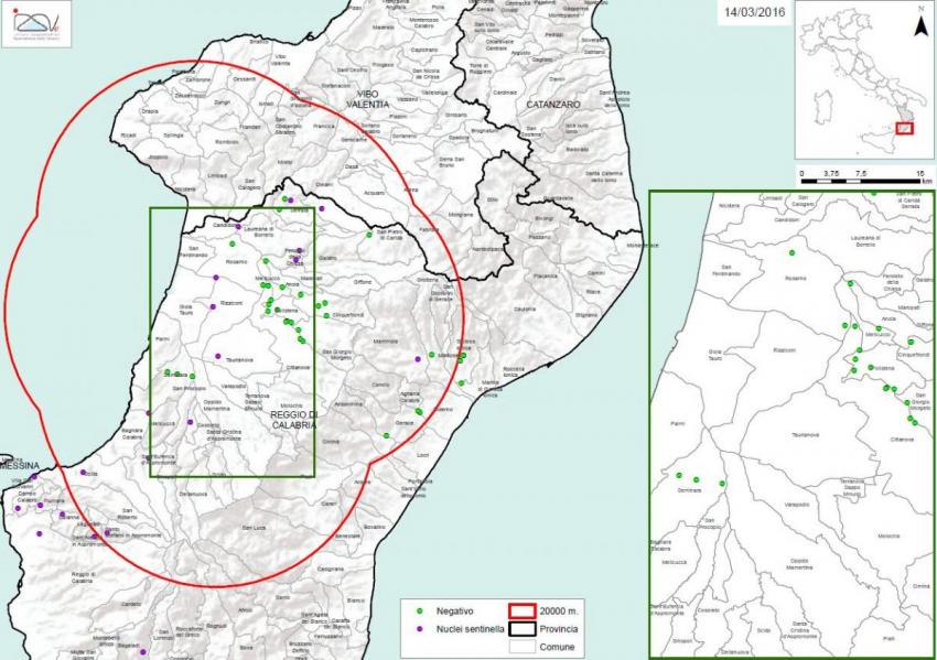 Carte 1 Localisation des foyers d'infestation par A. tumida en Calabre