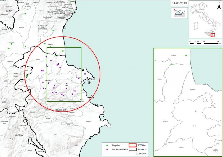 Carte 2 Localisation des foyers d'infestation par A. tumida en Sicile 