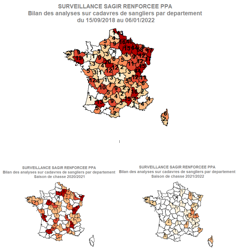 Distribution des analyses PPA réalisées par département depuis 2018 et par saison de chasse