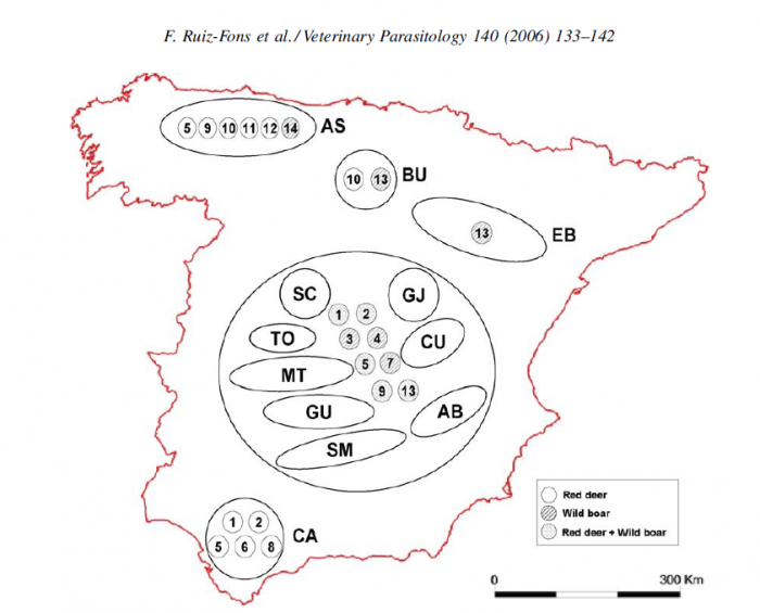 Figure 2 Distribution des tiques récoltées sur des cerfs élaphes et des sangliers sur l’ensemble du territoire espagnol entre 1999 et 2005.