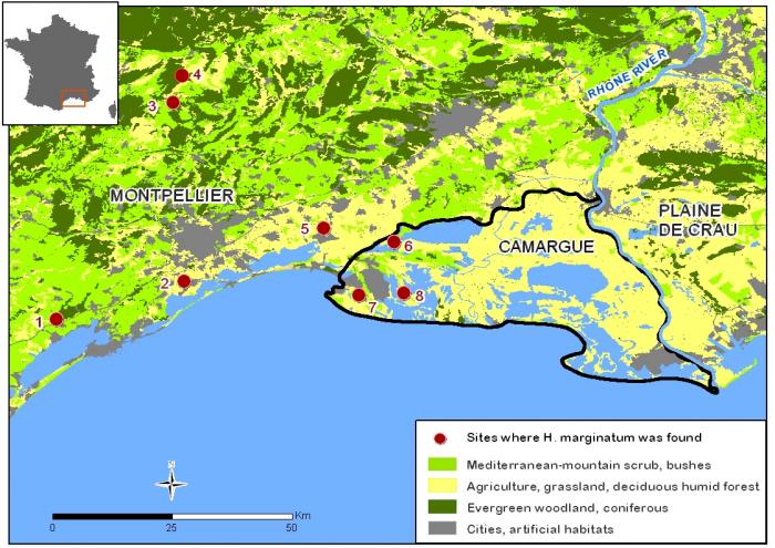 Figure 3 Carte de la zone d’étude où les inventaires d’Hyalomma ont été réalisés de 2007 à 2016