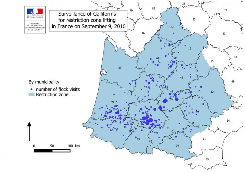 Figure 5 Nombre de sites visités avec résultats disponibles dans les élevages de galliformes dans le cadre de la surveillance menée en ZR 