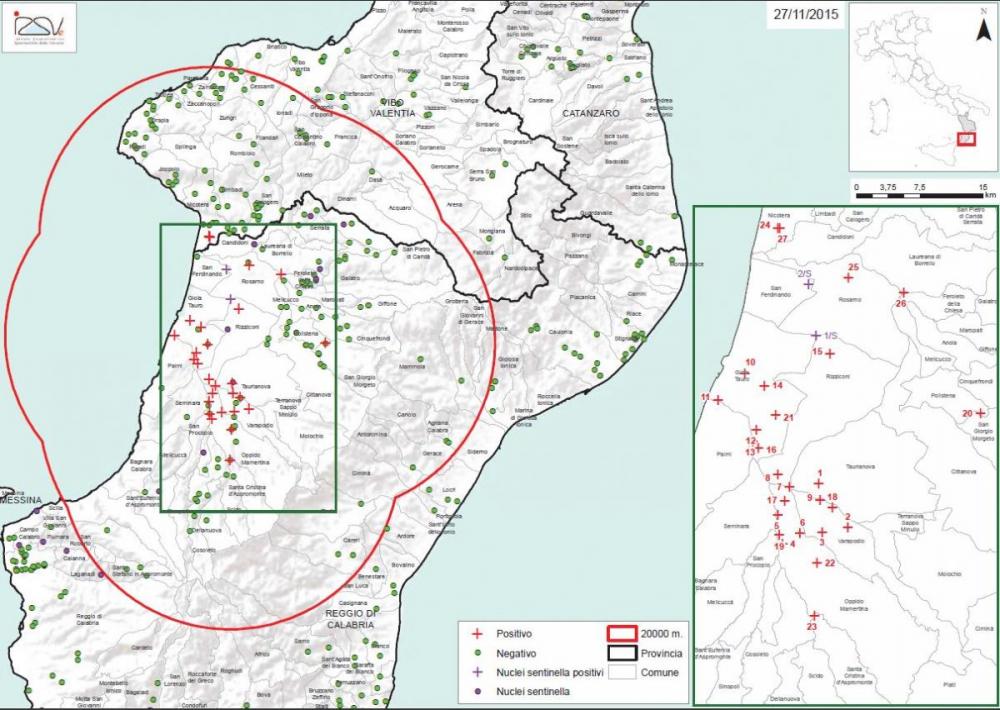 Carte 1 Localisation des foyers d'infestation par A. tumida en Calabre