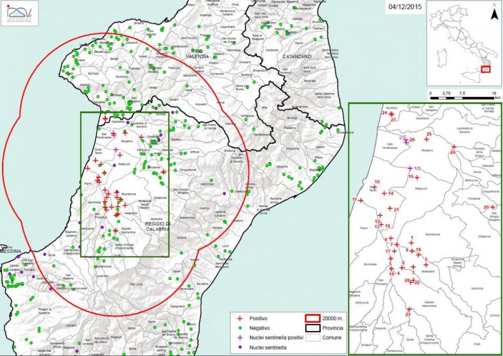 Carte 1 Localisation des foyers d'infestation par A. tumida en Calabre