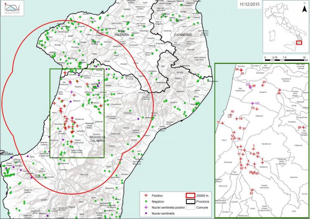 Carte 1 Localisation des foyers d'infestation par A. tumida en Calabre