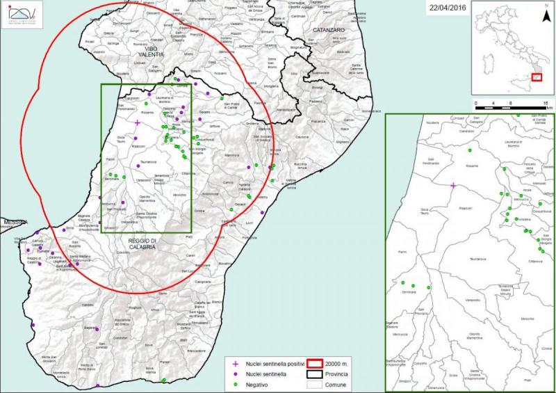 Carte 1 Localisation des foyers d'infestation par A. tumida en Calabre