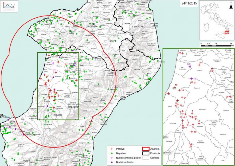 Carte 1 Localisation des foyers d'infestation par A. tumida en Calabre