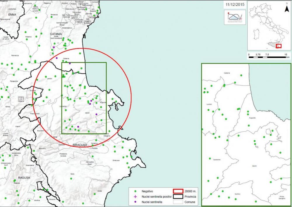 Carte 2 Localisation des foyers d'infestation par A. tumida en Sicile