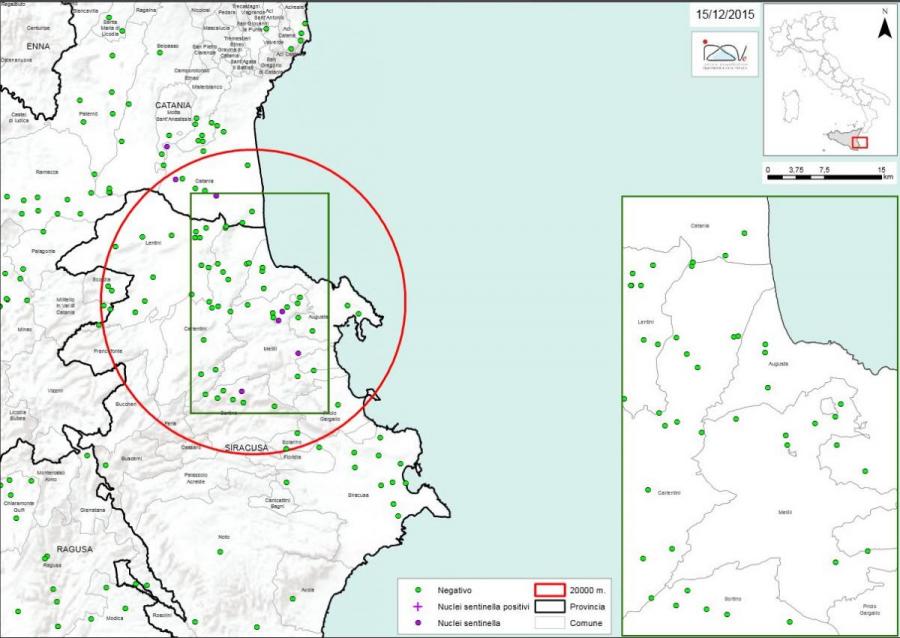 Carte 2 Localisation des foyers d'infestation par A. tumida en Sicile 