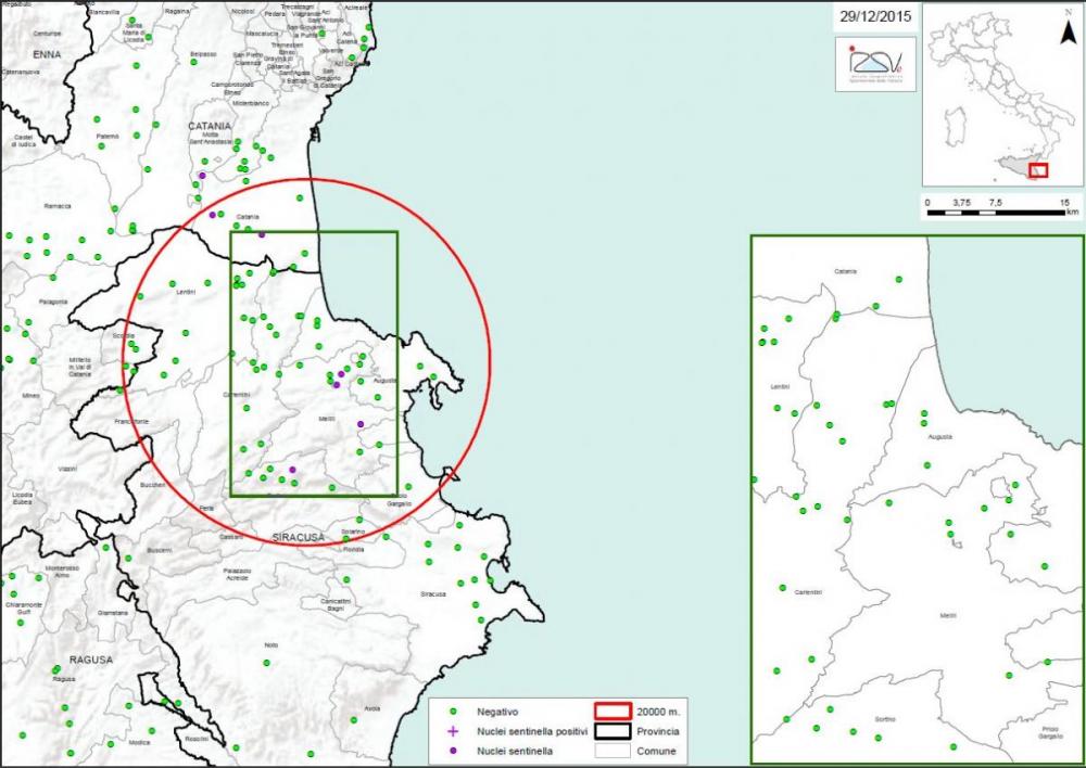 Carte 2 Localisation des foyers d'infestation par A. tumida en Sicile