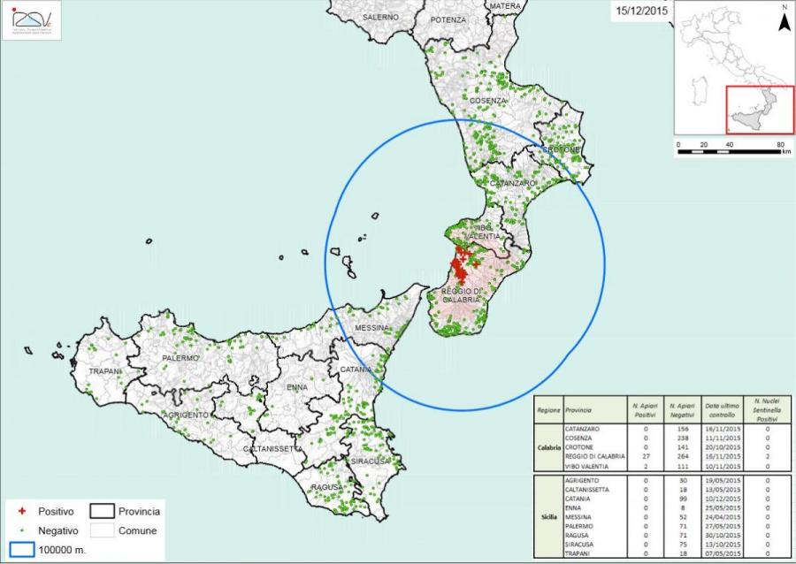 Carte 3 Zones de surveillance d'A. tumida en Italie