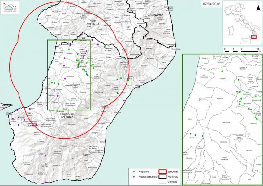 Carte 1 Localisation des foyers d'infestation par A. tumida en Calabre