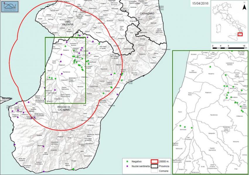 Carte 1 Localisation des foyers d'infestation par A. tumida en Calabre