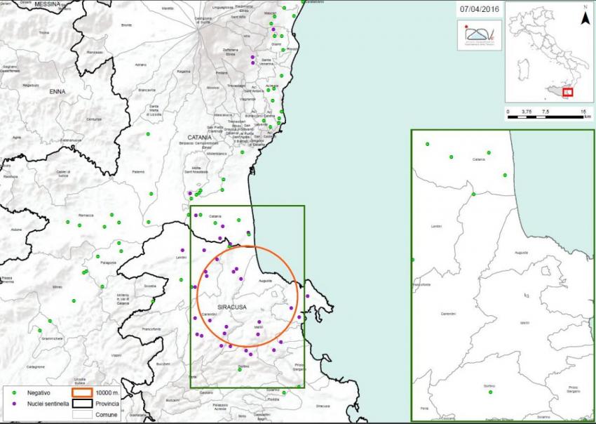 Carte 2 Localisation des foyers d'infestation par A. tumida en Sicile