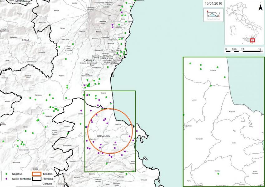 Carte 2  Localisation des foyers d'infestation par A. tumida en Sicile