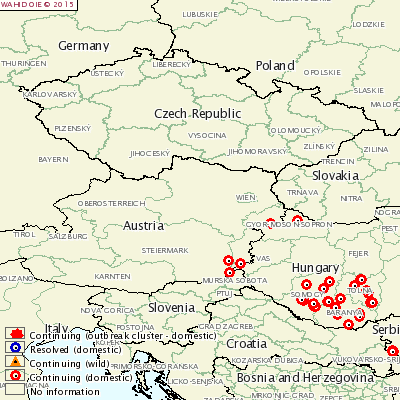 Figure 1. Localisation des foyers de fièvre catarrhale ovine à sérotype 4 en Autriche, Hongrie et Slovénie