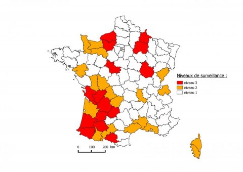 Figure 1. Niveaux de surveillance à appliquer dans les départements pour la saison 2015 dans le cadre de Sylvatub