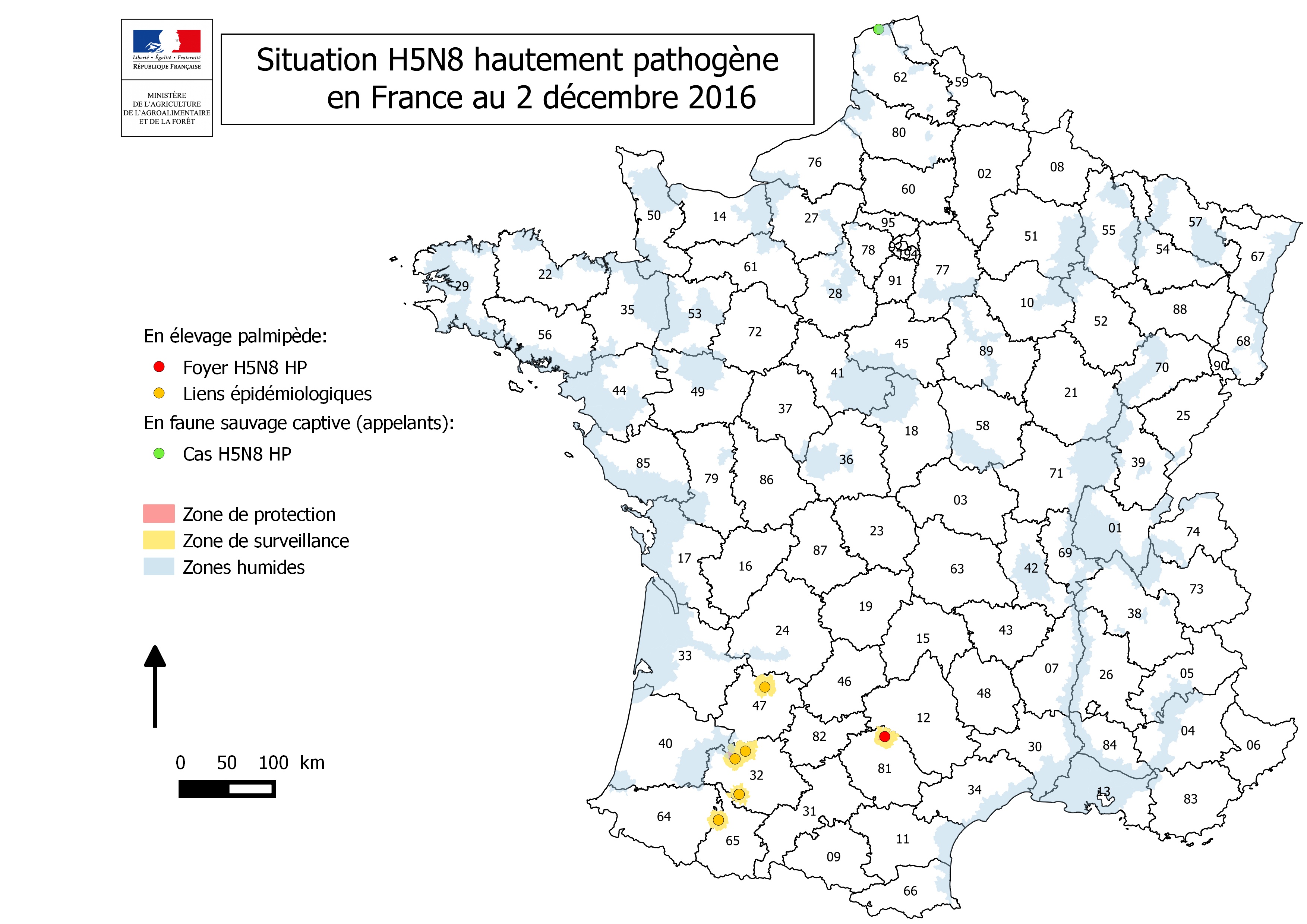 Figure 1 Carte représentant la situation de l'IA H5N8 au 02/12/2016.