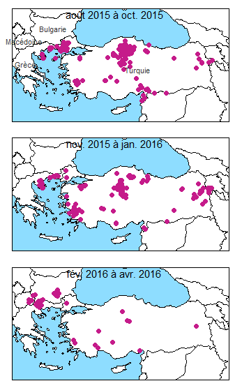 Figure 1 Foyers de dermatose nodulaire contagieuse bovine