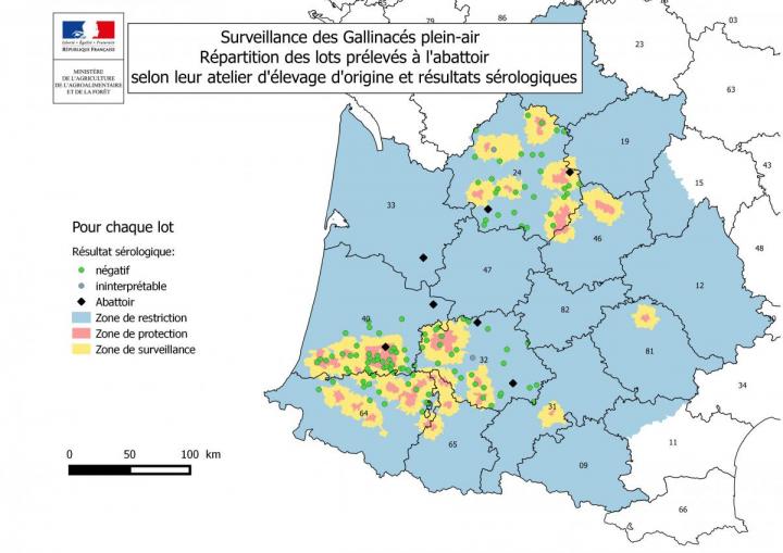 Figure 3 Carte de répartition des lots de galliformes plein air ayant été prélevés à l'abattoir en ZR