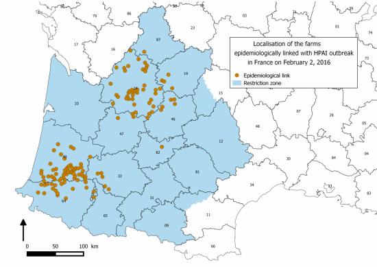 Figure 3 Répartition des élevages en lien épidémiologique avec 38 foyers d’IA H5 HP