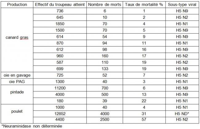 Tableau 5 Mortalité observée dans les foyers d’IA H5 HP selon le type de production